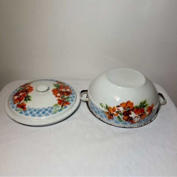 Vintage Lucky Elephant Chinese White Floral Enamel Casserole Rice Dish Pot w Lid - Picture 7 of 7